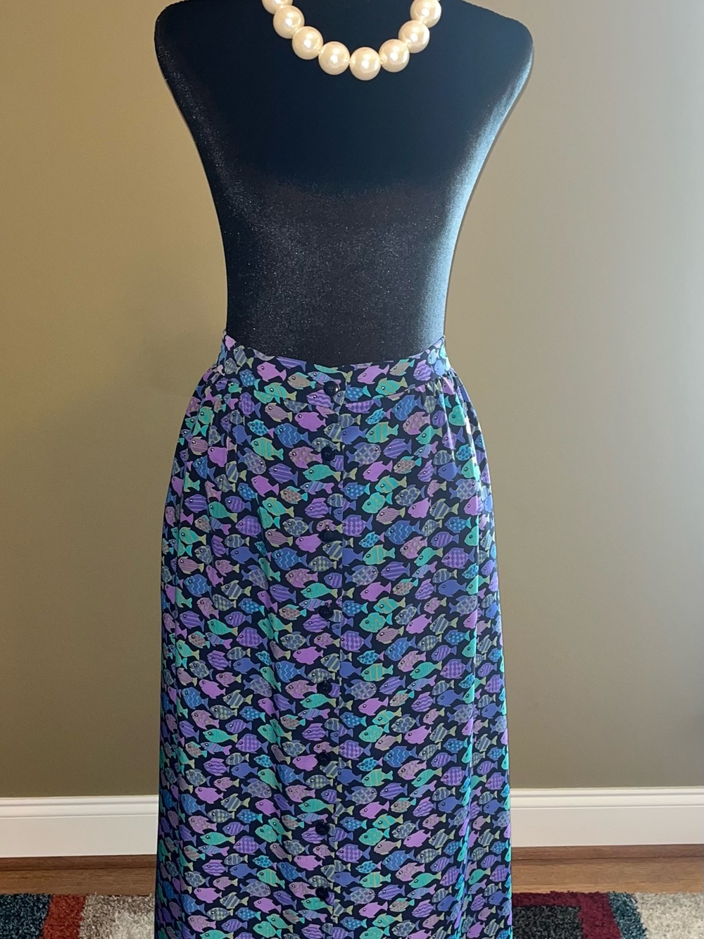 Vtg Tanner Women's Black Maxi Skirt with Purple and Teal Fish Print